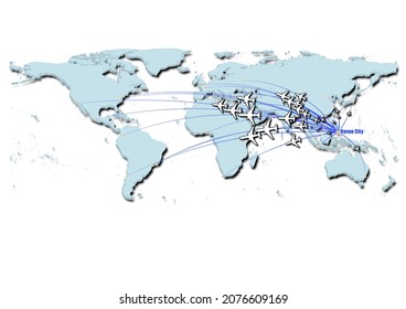 Davao City-Philippines in concept vector illustration, map showing flights from Davao City-Philippines to major cities around the world.