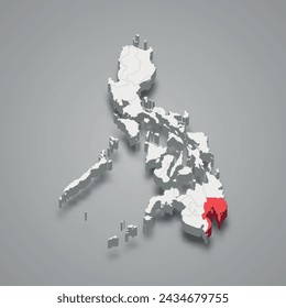 Davao region highlighted in red on a grey Philippines 3d map