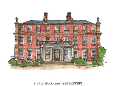 Davenport House, casa de campo, mansión, ladrillo rojo, casa señorial, lugar de boda. Shropshire. Ilustración de esbozo de color agua. Vector aislado.