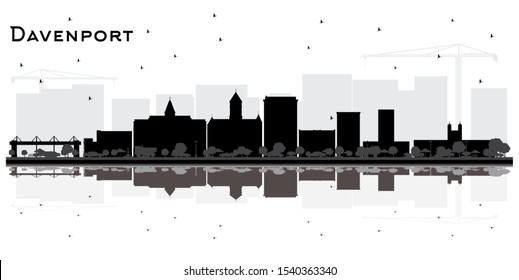 Silhouette de Skyline de la ciudad de Davenport con edificios negros y reflexiones aisladas en blanco. Ilustración vectorial. Concepto de viajes de negocios y turismo. El paisaje urbano de Davenport con monumentos. 