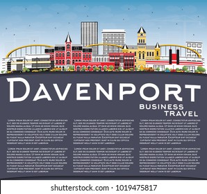 Davenport Iowa Skyline with Color Buildings, Blue Sky and Copy Space. Vector Illustration. Business Travel and Tourism Illustration with Historic Architecture.