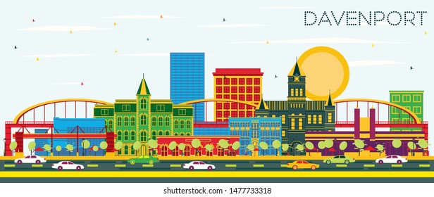 Davenport Iowa Skyline with Color Buildings and Blue Sky. Vector Illustration. Business Travel and Tourism Illustration with Historic Architecture.