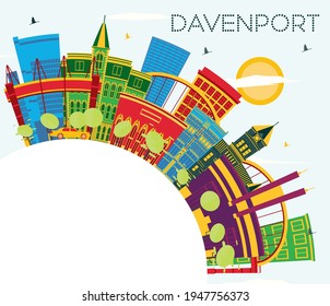 Davenport Iowa Skyline with Color Buildings, Blue Sky and Copy Space. Vector Illustration. Business Travel and Tourism Concept with Historic Architecture.