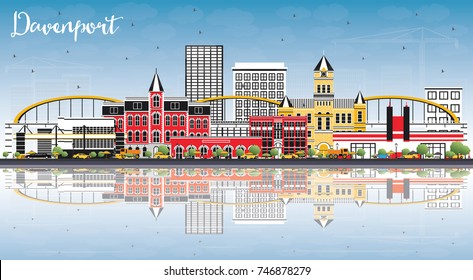 Davenport Iowa Skyline con edificios de color, cielo azul y reflexiones. Ilustración vectorial. Ilustración de viajes de negocios y turismo con arquitectura histórica.