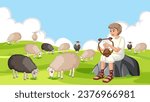 David, from the biblical story of David and Goliath, playing a lyre to sheep in a beautiful natural setting