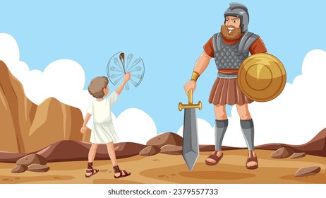 David bravely fights Goliath with a sling in this religious illustration