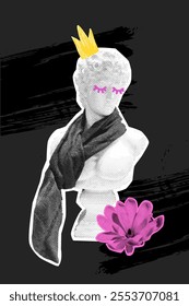 David bust in scarf and crown collage, funny fashion graphic concept. Halftone cutout and flower on black poster.