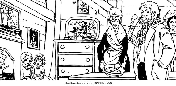 David Copperfield and Little Em'ly, this scene shows a man, woman and two children, children are sitting and woman doing something in bowl which is kept on table, man is smoking, vintage line drawing