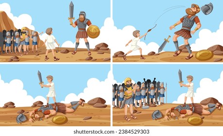 David defeats Goliath using a stone and sword