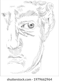 David face of Michelangelos sculpture the biblical hero David. Half of David's face vintage line drawing or engraving illustration
