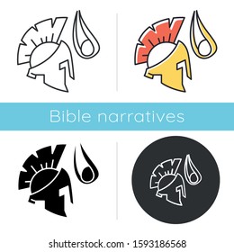 David and Goliath Bible story icon. Legendary giant warrior helmet. Religious legend. Holy book scene plot. Biblical narrative. Glyph, chalk, linear and color styles. Isolated vector illustrations