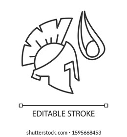 David and Goliath Bible story linear icon. Legendary giant warrior helmet. Biblical narrative. Thin line illustration. Contour symbol. Vector isolated outline drawing. Editable stroke