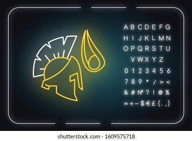 David and Goliath Bible story neon light icon. Legendary giant warrior helmet. Religious legend. Biblical narrative. Glowing sign with alphabet, numbers and symbols. Vector isolated illustration
