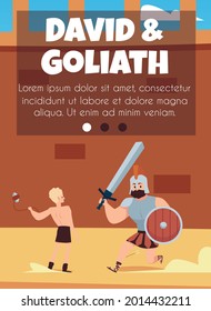 David and Goliath card template on topic of Bible Old Testament traditional religious narrative about fight of Jewish David king, flat vector illustration.
