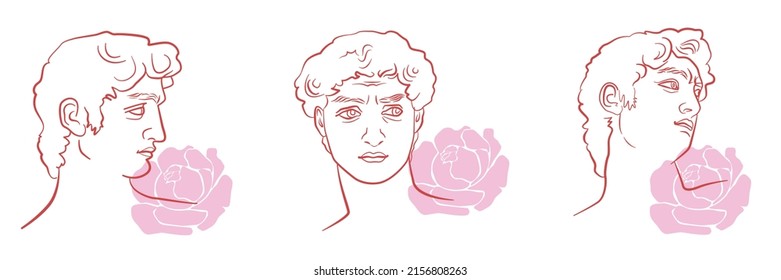 David head in different positions with abstract peony flowers. Famous sculpture sketches in trendy, aesthetic line art. A concept of positive masculinity. 
