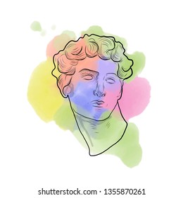 David head. Marble statue of man. Watercolor shapes and splashes. 