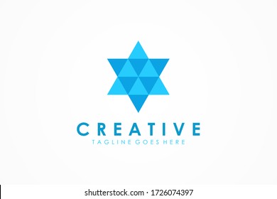 David Icon Six Star Logo. Blue Geometric Triangular Origami Style isolated on White Background. Flat Vector Logo Design Template Element.