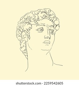 David sculpture. Greek sculpture. David's head, michelangelo sculpture, hand drawn, line, flat, boho colors.