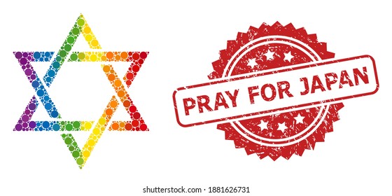 David star collage icon of circle spots in different sizes and LGBT multicolored color tinges, and Pray for Japan textured rosette seal print. A dotted LGBT-colored David star for lesbians, gays,