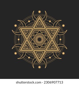 Hexagram with a lotus encompassed with a circle. Multicultural symbol  representing anahata chakra in yoga and a Star of David. Line drawing  isolated on textured background. Tattoo design. EPS10 vector Stock Vector