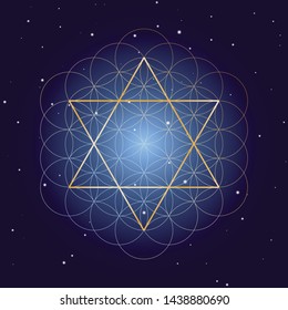 David Star with Flower of Life, on starry sky background, symbols of sacred geometry.