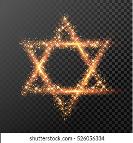 David Star of gold glittering lights. Happy Hanukkah Jewish festival holiday design element for greeting card. Glitter light sparkles. Glowing golden fire light