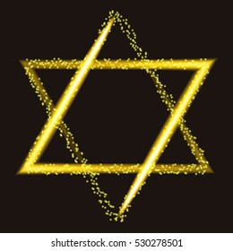 David Star of gold glittering lights. Happy Hanukkah Jewish festival holiday design element for greeting card. Glowing golden fire light.