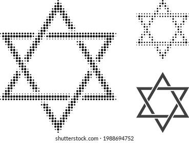 Icono con punto medio de la estrella de David. La matriz de semitono contiene píxeles de círculo. Ilustración vectorial del icono de estrella david en un fondo blanco.