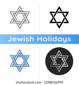 David star icon. Judaism symbol. Central symbol on Israeli flag. Magen David. Six-pointed geometric star. Hexagram figure. Linear black and RGB color styles. Isolated vector illustrations