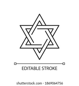 David star linear icon. Judaism symbol. Central symbol on Israeli flag. Magen david. Thin line customizable illustration. Contour symbol. Vector isolated outline drawing. Editable stroke