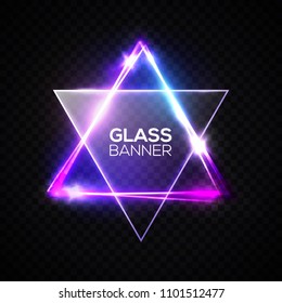 David star. Neon sign. Triangle banner with transparent glass plate. Judaism flag. Hebrew Israel glow symbol art. Electric abstract frame on transparent backdrop Religious light vector illustration.