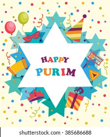 David star with objects of Jewish Purim holiday, vector illustration