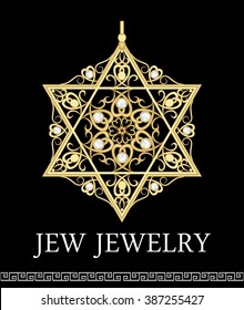 David star with rich filigree ornaments. Golden David star pendant with pearls. Isolated jewel, golden luxury pendant. Historic jew symbol magen. David star jewellery. Golden magen. 