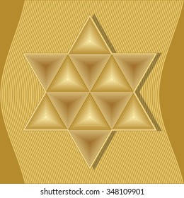 David star, symbol of jew, judaism and Israel composed of golden embossed triangles on gold wavy abstract background. Sign of equilibrium