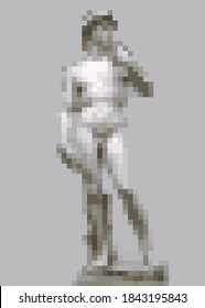 David Statue By Michelangelo In Galleria Dell`Accademia In Florence, Pixel Art Style, Digital Graphic Vector Illustration Isolated On Grey Background 