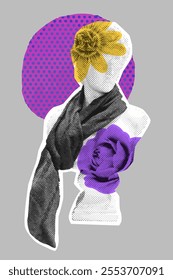 David statue in scarf, flowers collage. Creativity and art modern concept