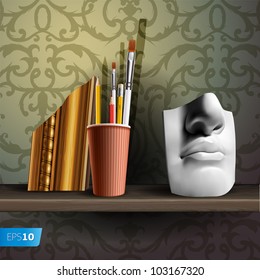 Davids nose and different art brushes, pencils in flask on the shelf, vector Eps 10 illustration.