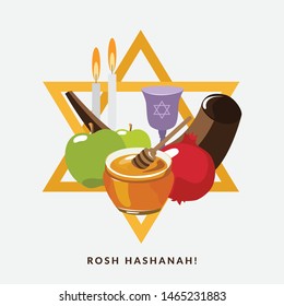 David's star with traditional jewish food for Rosh Hashanah holiday. Vector isolated illustration with wine, glass, bowl, horn, apple, pomegranate. - Vector