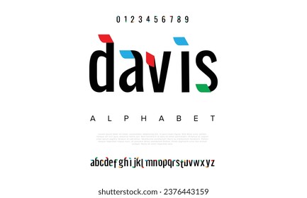 DAVIS Modern abstract digital crypto font. Logo creative font, type, technology, movie, digital, music, movie. Font and illustration in vector format.