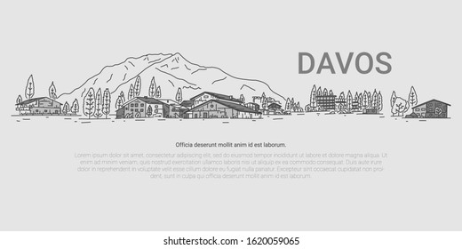 Davos, panorama on background mountain, cartoon. ski resort in Switzerland. City for various competitions and economic forums. fascinating walks in picturesque places. Vector illustration. svg