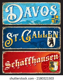 Davos, Saint Gallen, Schaffhausen, Swiss city travel stickers and plates, vector luggage tags. Switzerland travel tin signs and tourism trip stickers or grunge plates with Swiss canton cities emblems svg