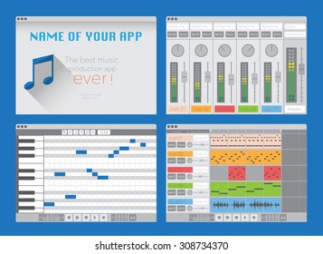 DAW, music production software (digital audio workstation). Vector template