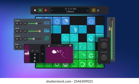 Daw Program for professional songwriting, beat making, editing, and mixing. Audio workstation software. Vector illustration