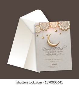 Dawat-E-Eid Celebration invitation card or template design with envelope.