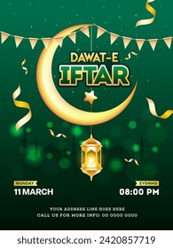 Dawat-E-Iftar Party Invitation Card, Template or Flyer Design with Event Details in Green and Golden Color.