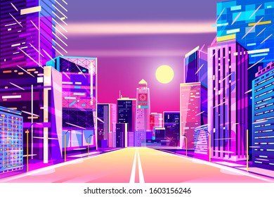 Dawn in the city, soft neon light illuminates skyscrapers. Vector graphics.