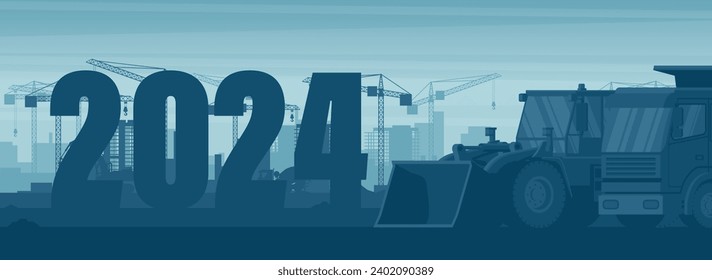 Dawn in a city under construction with the year 2024 with dumper truck and front loader in panoramic background. Celebrating the beginning of a happy new year. Heavy machinery