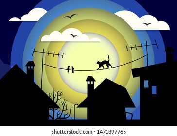 Dawn city.Roof silhouettes. Black cat on the roof
