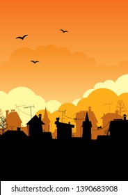 Dawn City.Roof Silhouettes.An Illustration Of A Sunset 