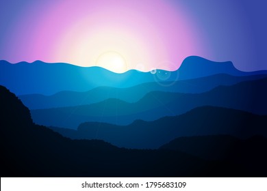 Dawn in the clear sky over the hills. Vector illustration. Landscape